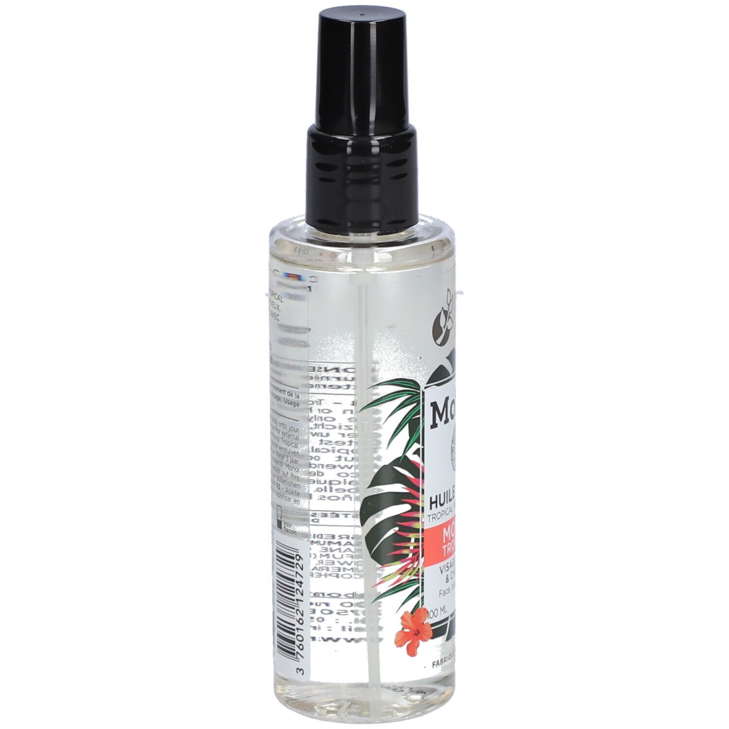 Flacon transparent avec bouchon noir. Étiquette avec informations produit et motifs floraux.
