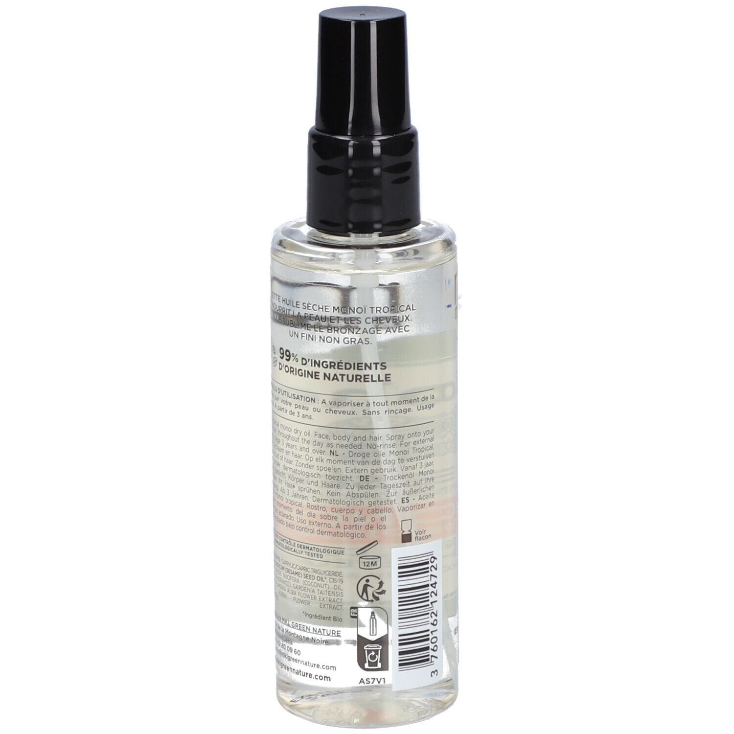 Flacon transparent avec bouchon noir. Dos avec informations produit et texte.