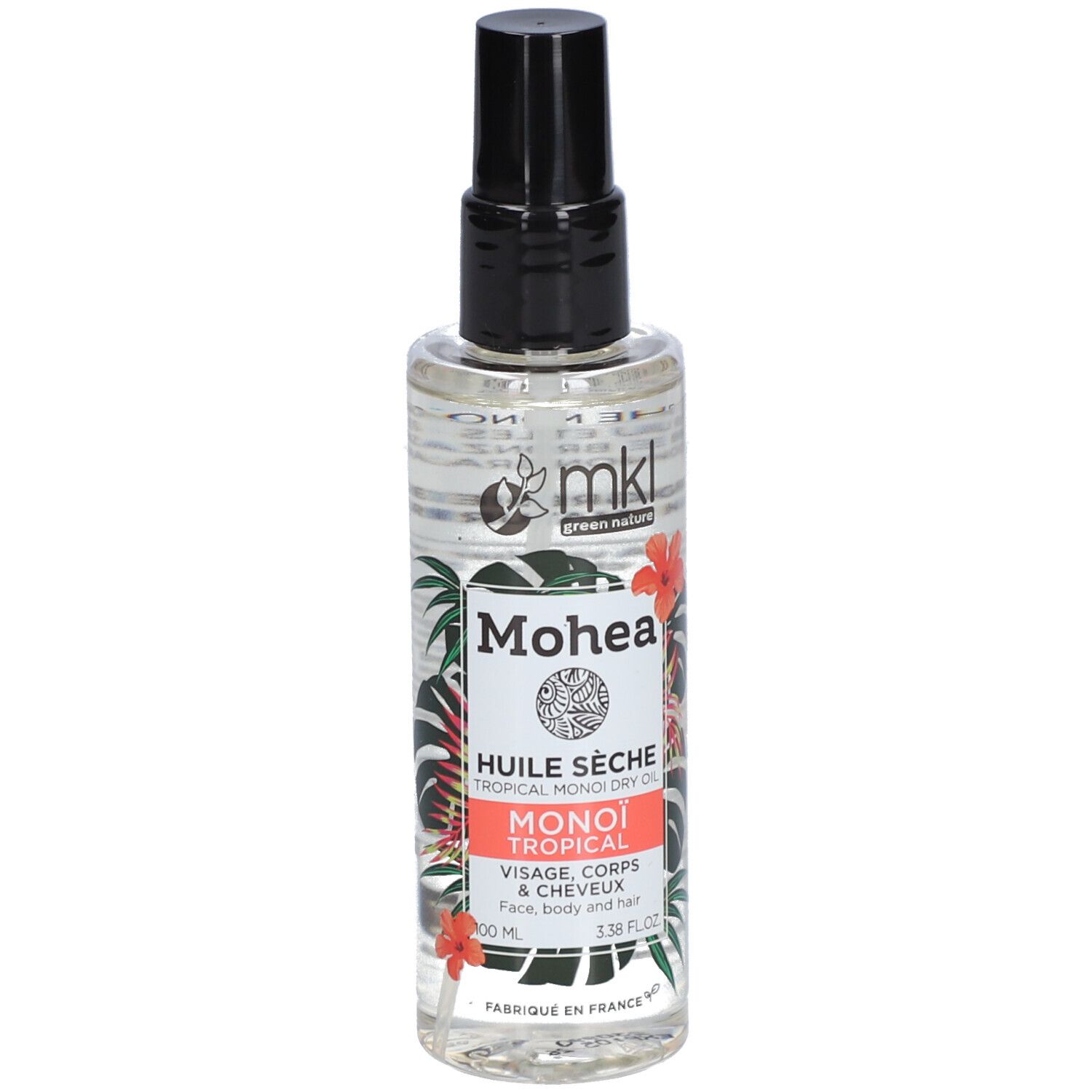 Flacon transparent avec bouchon noir. Étiquette avec logo, nom du produit et illustrations florales.