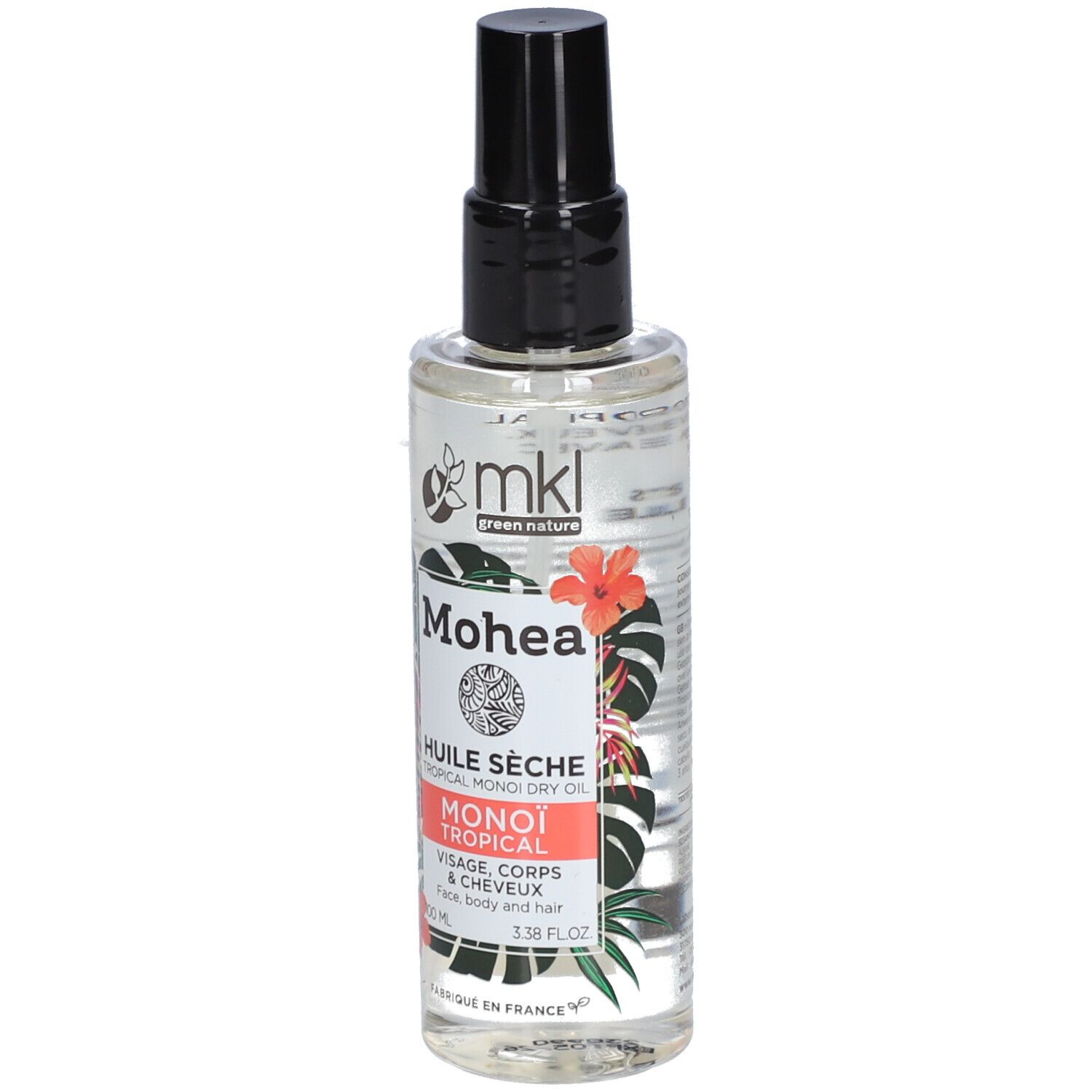 Flacon transparent avec bouchon noir. Étiquette avec logo, nom du produit et illustrations florales.
