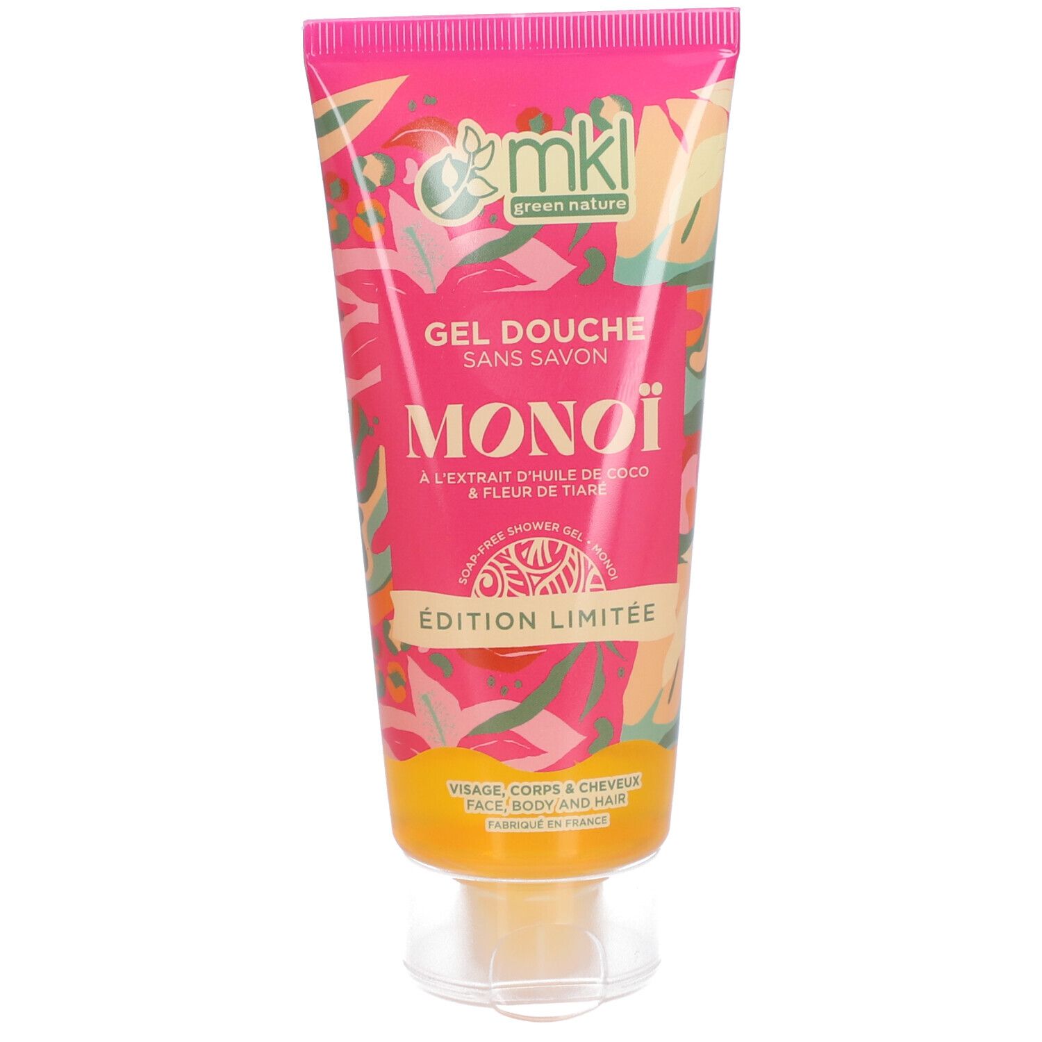 Roze tube met bloemenpatroon. Tekst: "MKL", "Gel Douche Sans Savon Monoï Édition Limitée".