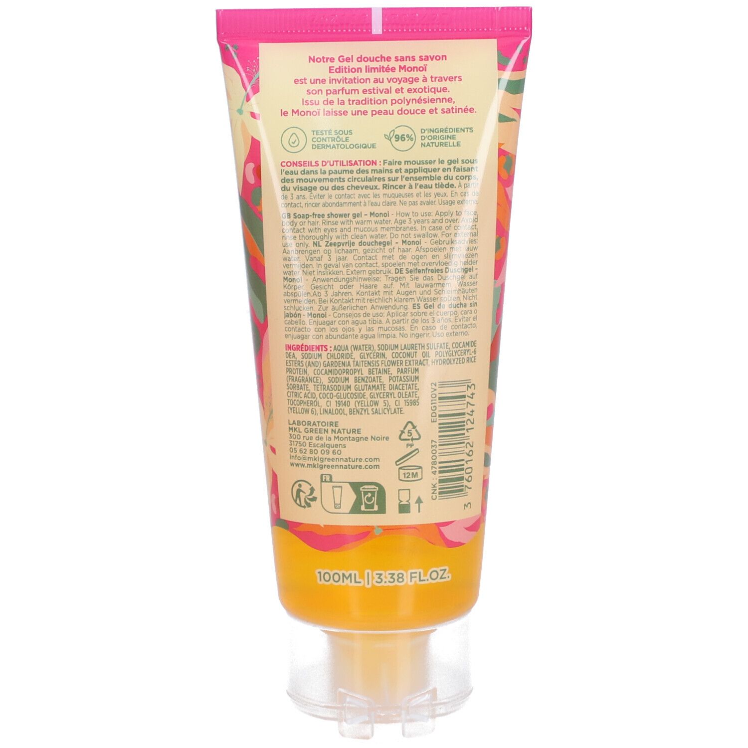 Achterkant van de tube. Tekst: "Gel Douche sans Savon Édition Limitée Monoï". Ingrediënten en gebruiksaanwijzing.