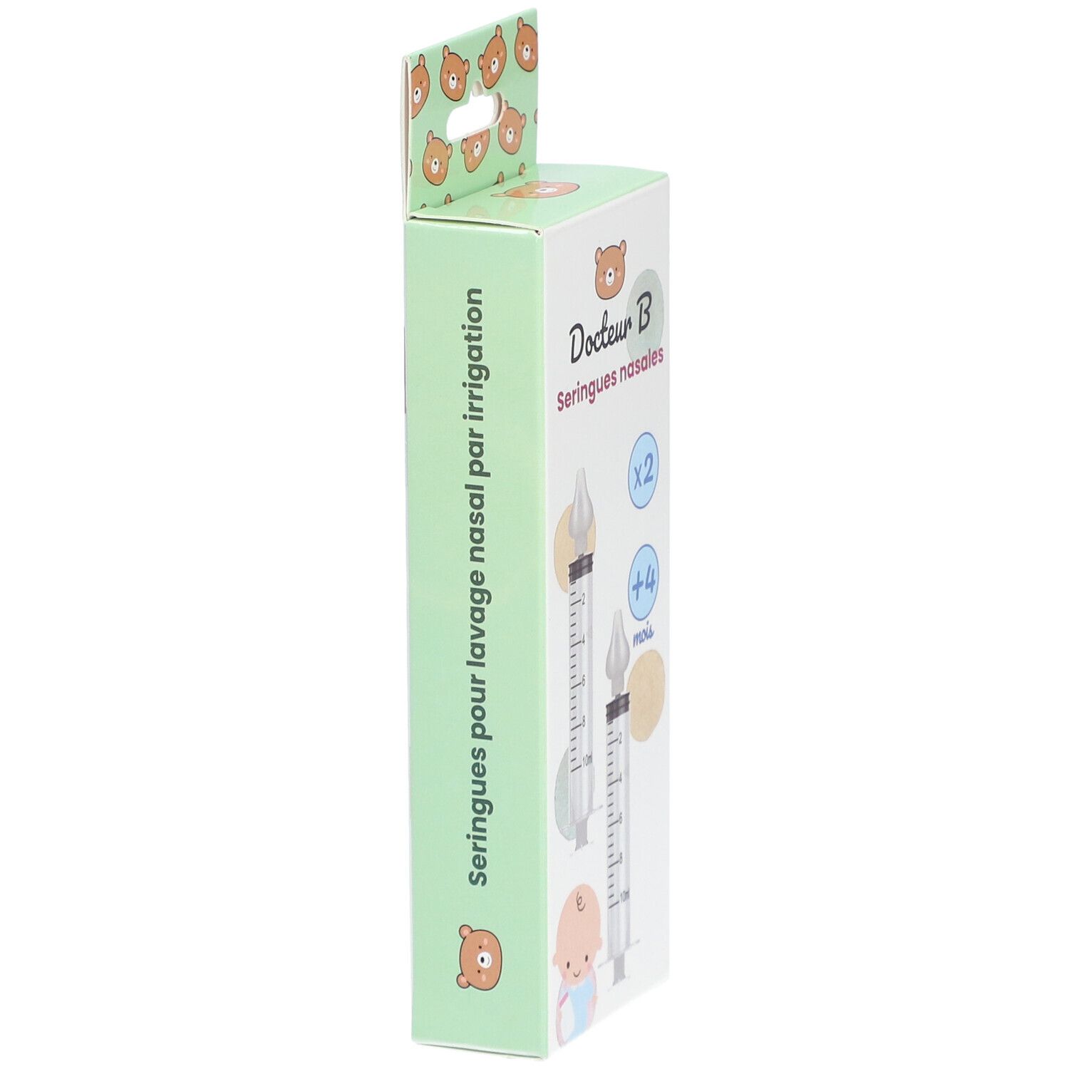 Seitenansicht der Verpackung mit Nasenspritzen. Marke: Docteur B. Aufdruck: Seringues pour lavage nasal par irrigation.