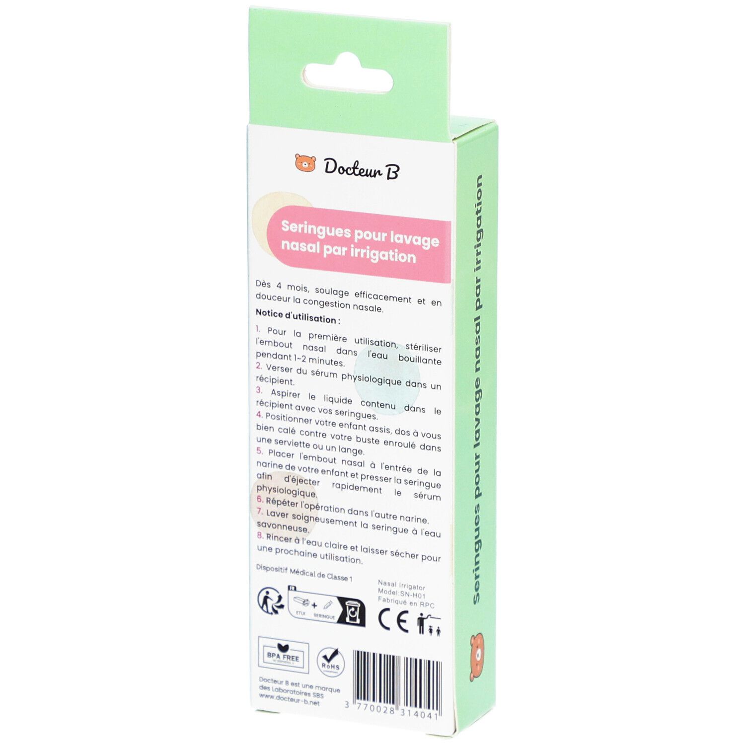 Rückseite der Verpackung mit Nasenspritzen. Text: Seringues pour lavage nasal par irrigation. Gebrauchsanweisung.