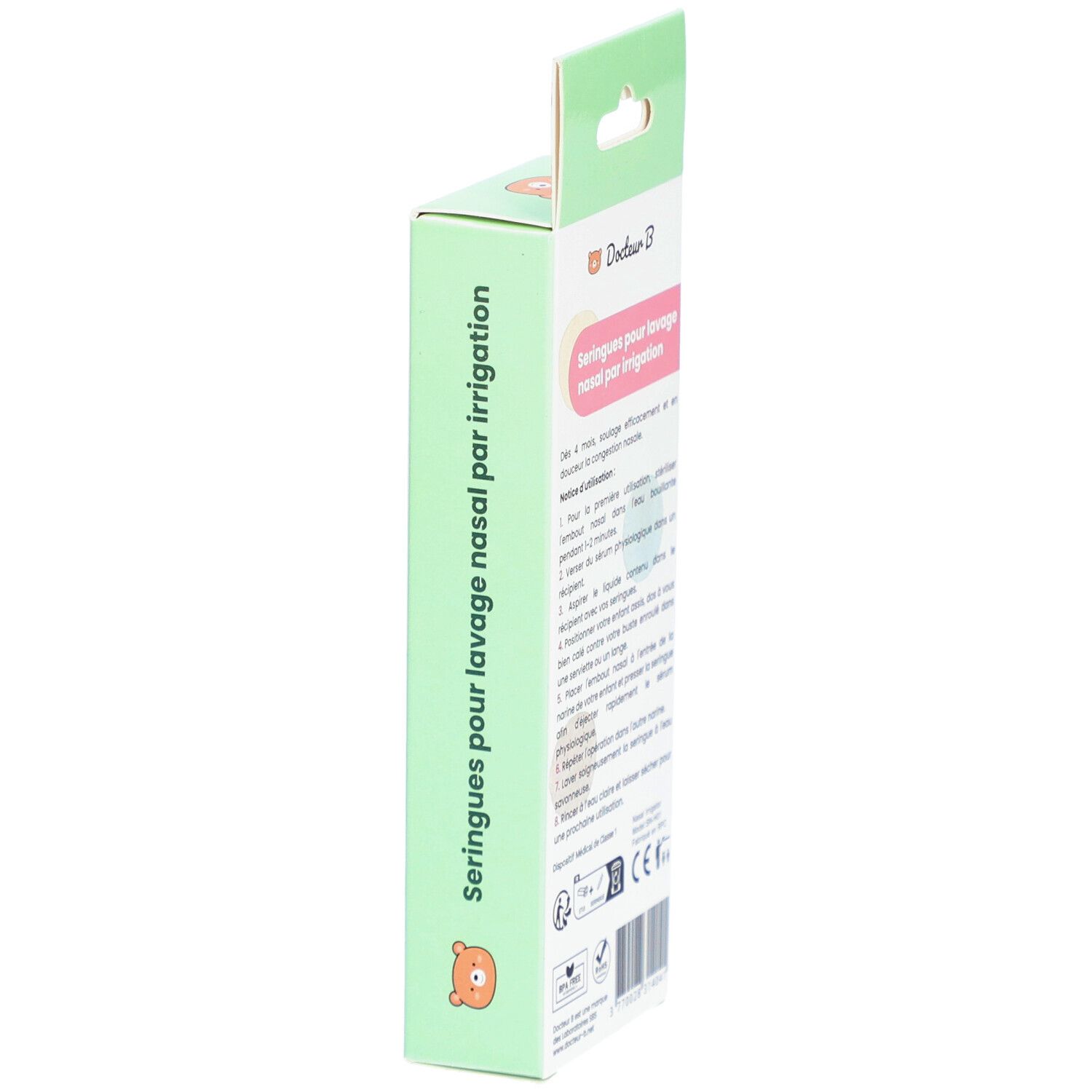 Seitenansicht der Verpackung mit Nasenspritzen. Text: Seringues pour lavage nasal par irrigation. Marke: Docteur B.