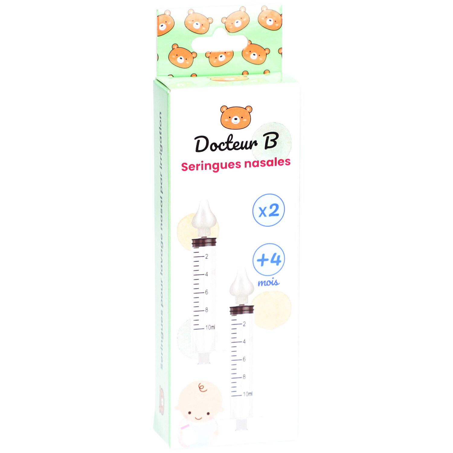 Verpackung mit zwei Nasenspritzen. Marke: Docteur B. Aufdruck: Seringues nasales. Für Kinder ab 4 Monaten.