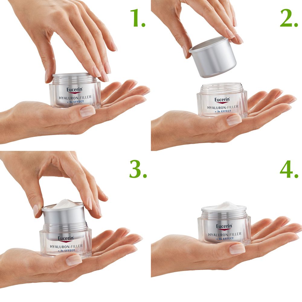 Hände zeigen die Anwendung der Eucerin HYALURON-FILLER + 3x EFFECT Nachtpflege. Schritte 1-4.