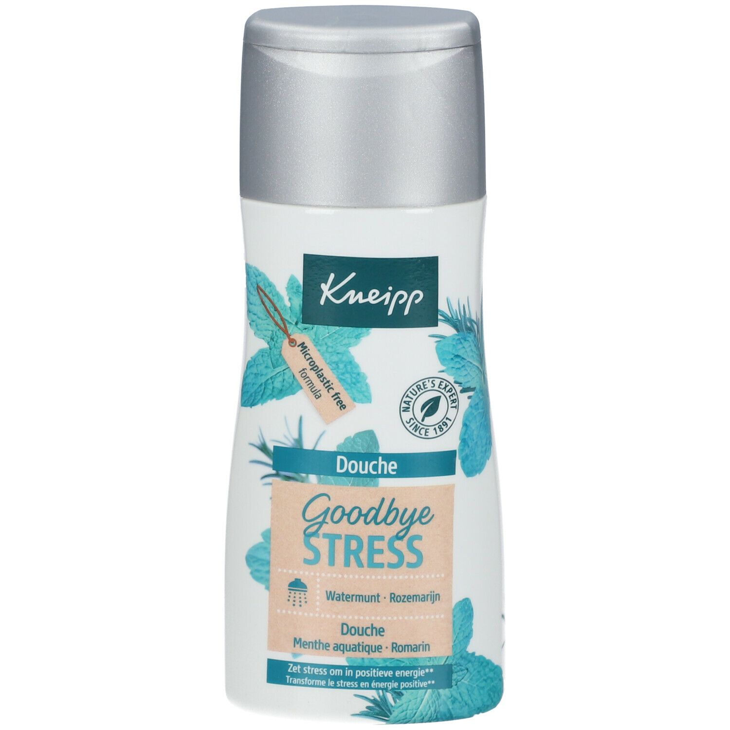 Flacon blanc et bleu, bouchon argenté. Inscription Kneipp, Douche Goodbye Stress, Menthe aquatique-Romarin.