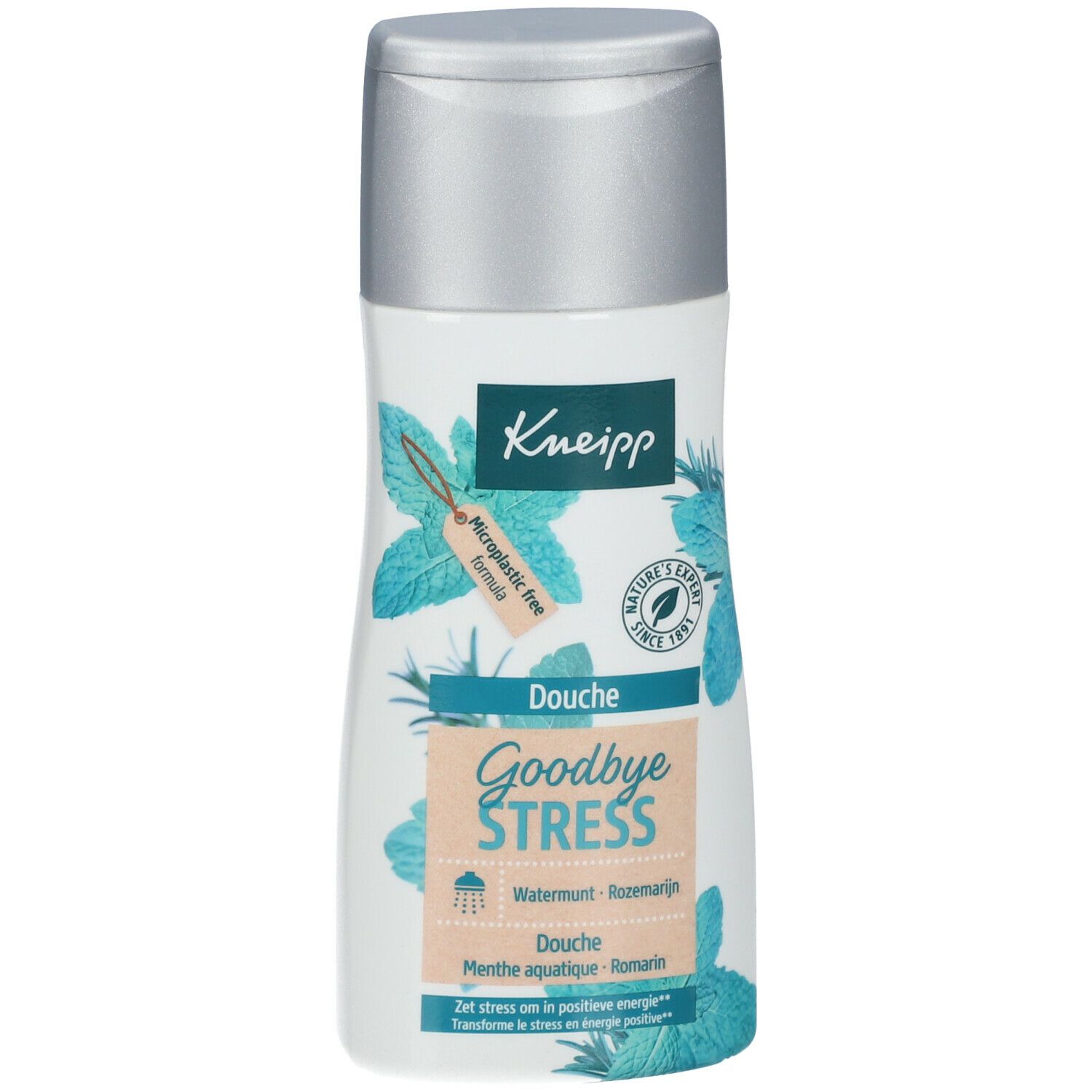 Flacon blanc avec bouchon argenté. Inscription Kneipp, Douche Goodbye Stress, Menthe aquatique-Romarin. Avec étiquette.