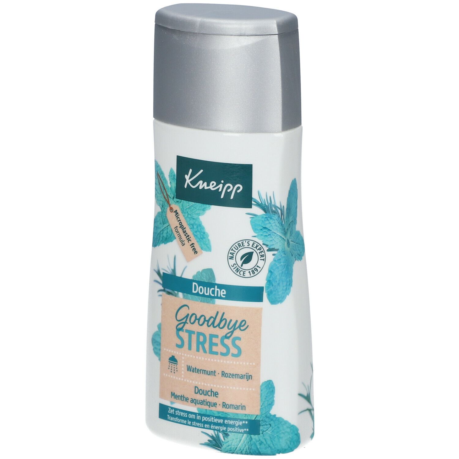 Flacon blanc avec bouchon argenté. Inscription Kneipp, Douche Goodbye Stress, Menthe aquatique-Romarin. Vue oblique.