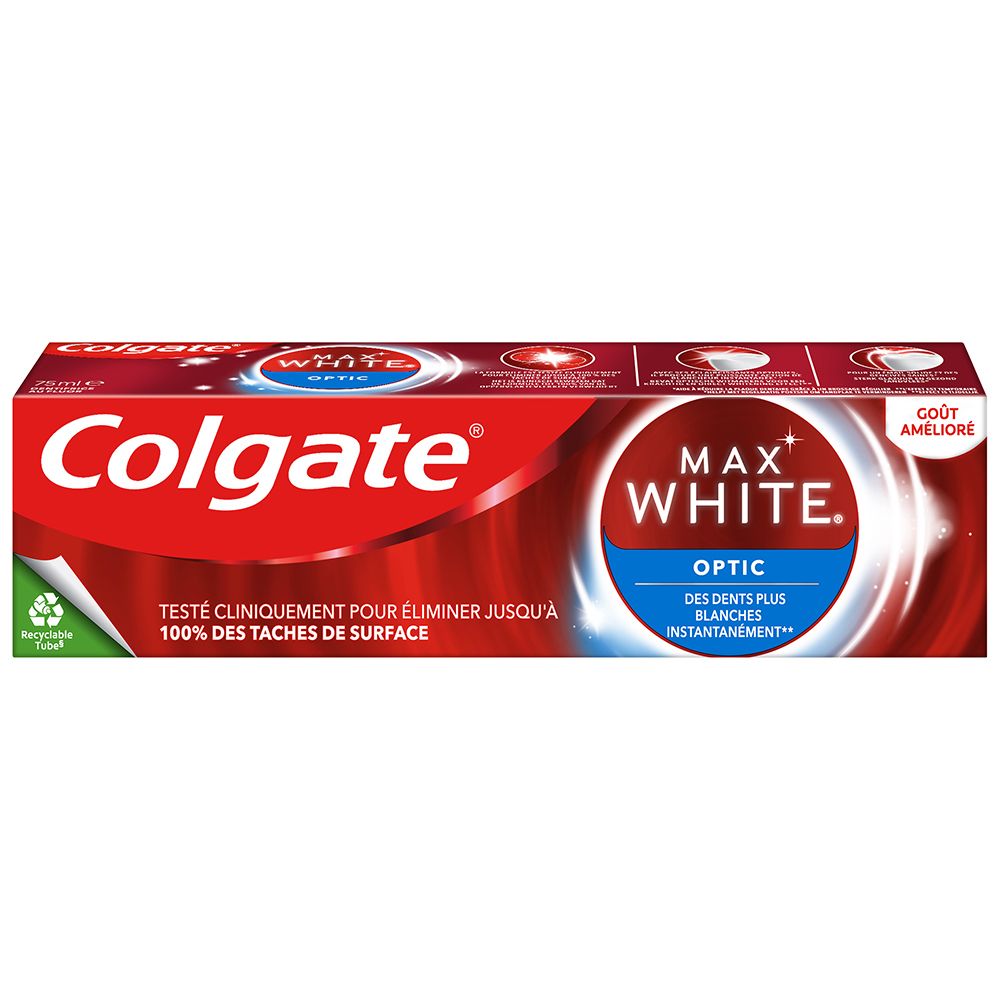 Rote Verpackung mit Colgate Max White Optic Zahnpasta. Text: 'Getestet für bis zu 100% Fleckenentfernung'.