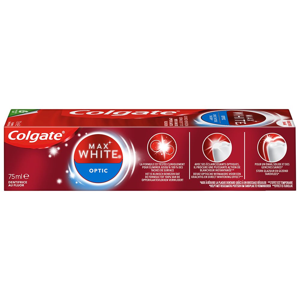 Rote Verpackung Colgate Max White Optic Zahnpasta. 75ml. Text: 'Max White Optic'. Abbildungen von Zähnen.