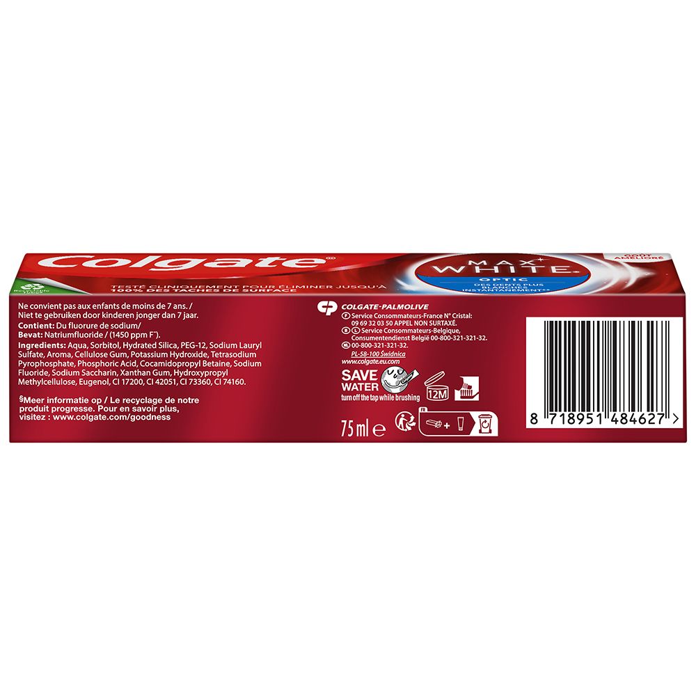 Rückseite der roten Verpackung Colgate Max White Optic Zahnpasta. Text und Barcode. 75ml.