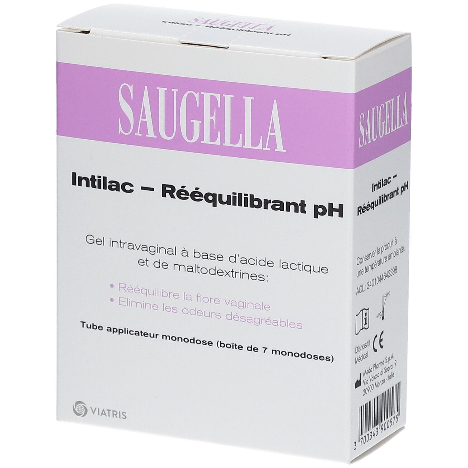 Emballage du produit. Inscription SAUGELLA, Intilac - Rééquilibrant pH. Texte et description.