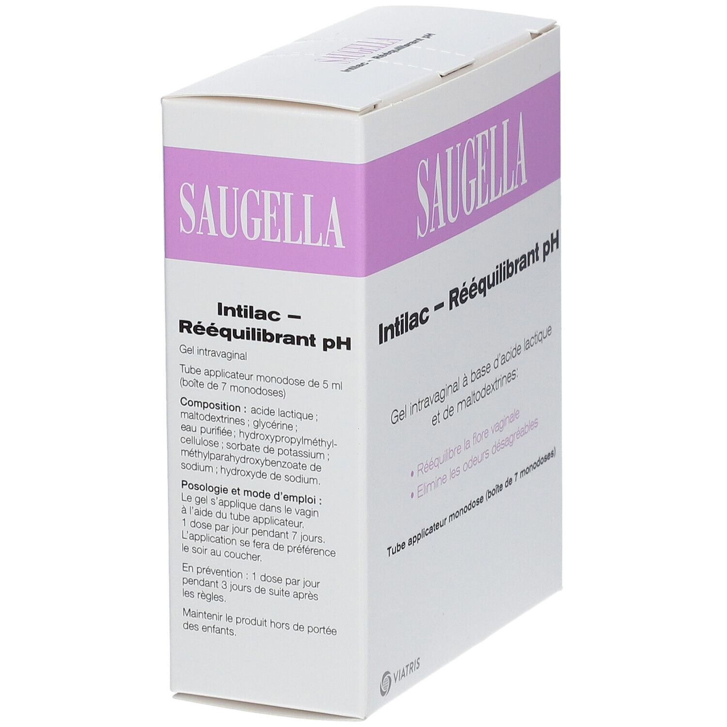 Emballage du produit. Inscription SAUGELLA, Intilac - Rééquilibrant pH. Texte et description.