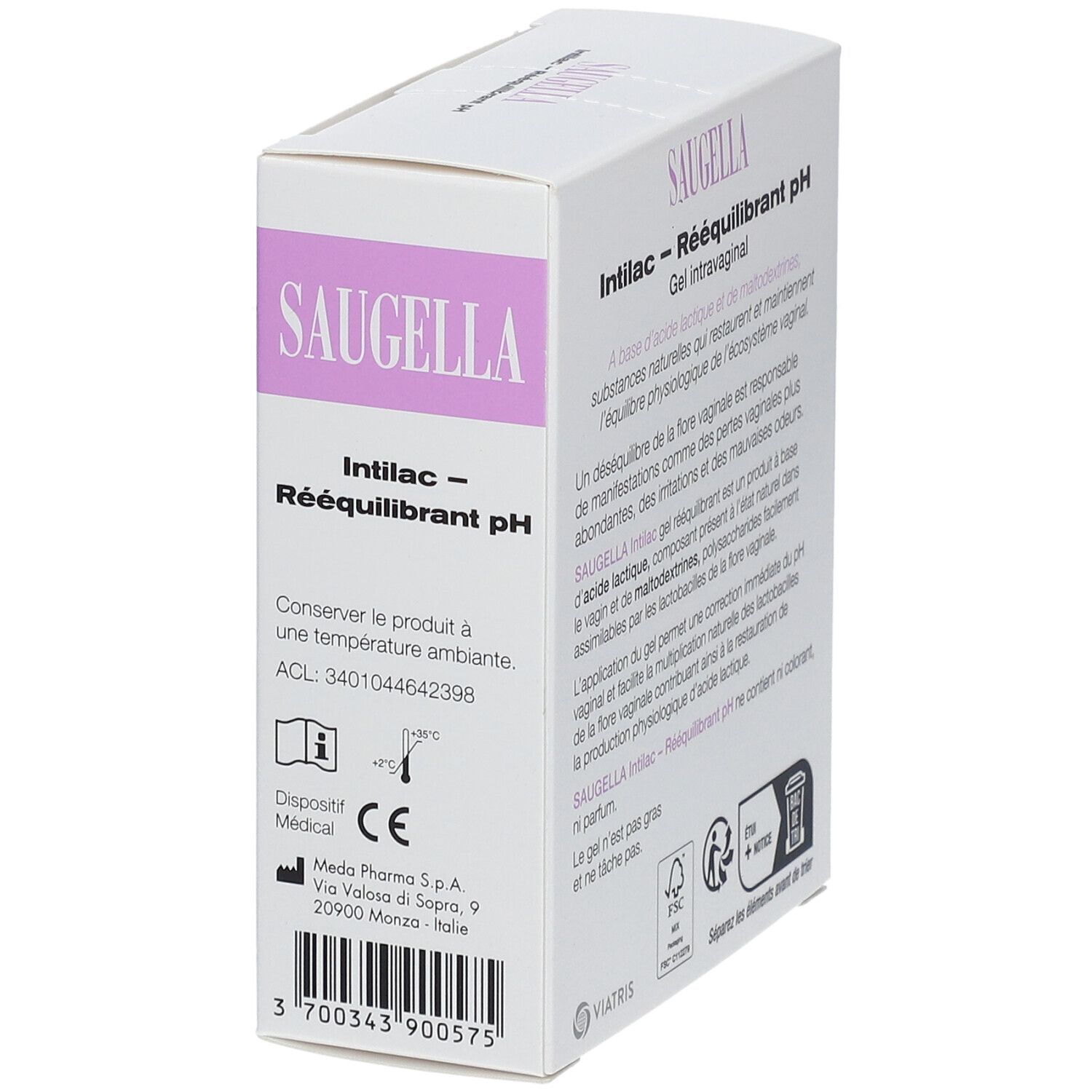 Emballage du produit. Inscription SAUGELLA, Intilac - Rééquilibrant pH. Texte et description.