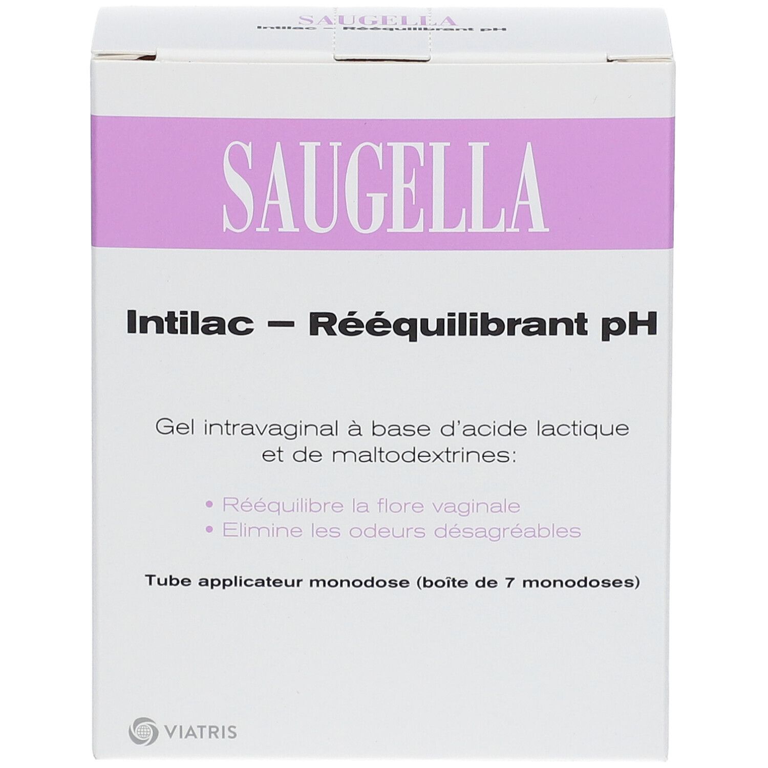 Emballage du produit. Inscription SAUGELLA, Intilac - Rééquilibrant pH. Texte et description.