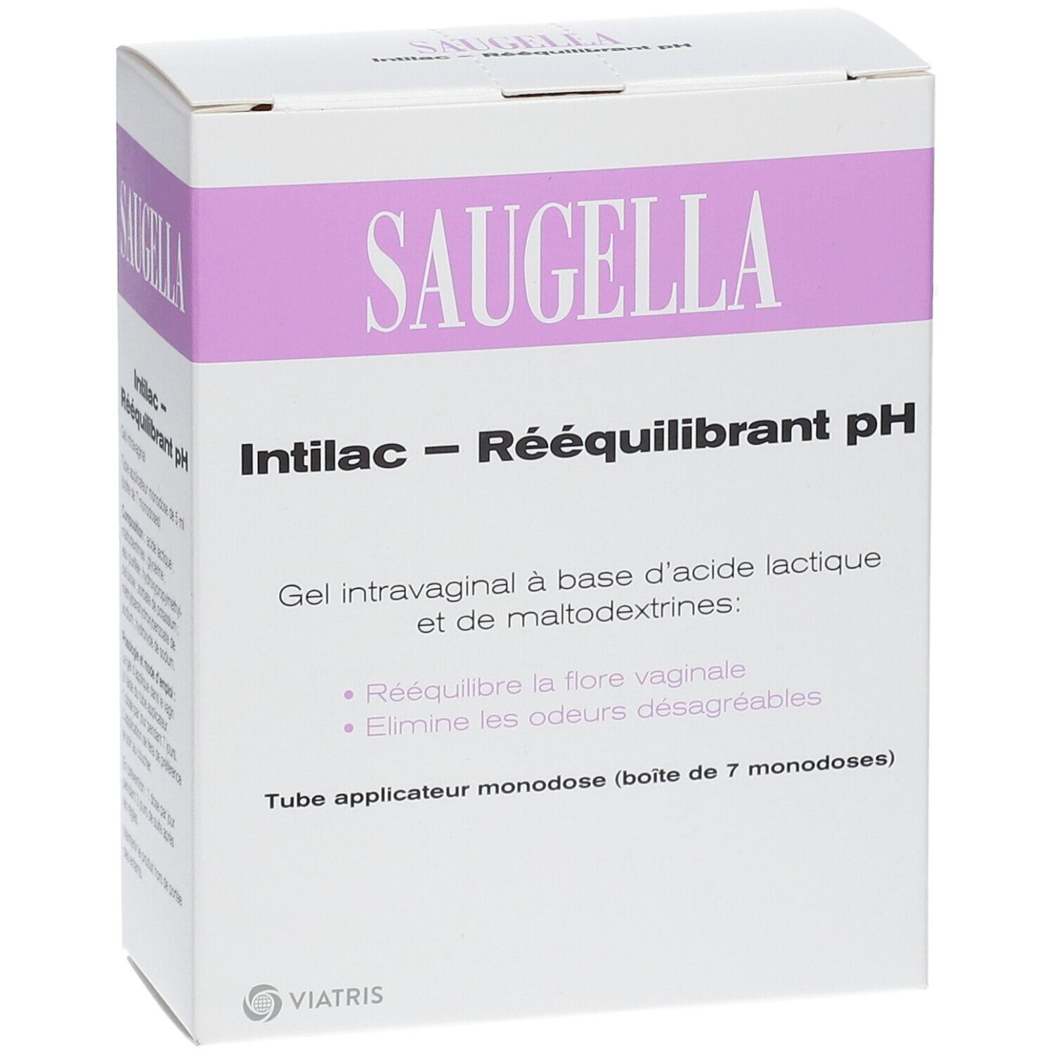 Emballage du produit. Inscription SAUGELLA, Intilac - Rééquilibrant pH. Texte et description.