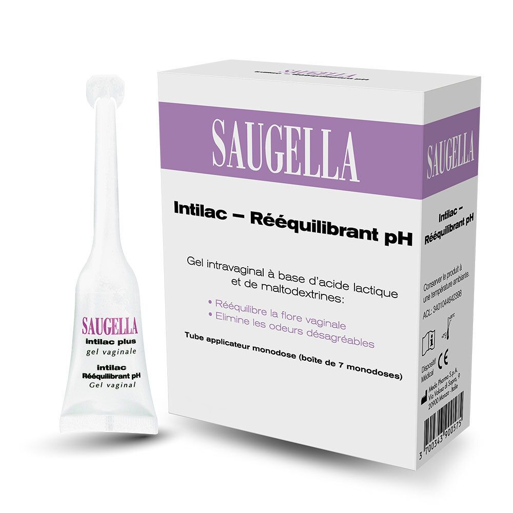 Emballage et applicateur du produit. Inscription SAUGELLA, Intilac plus. Gel vaginal. Description du produit.