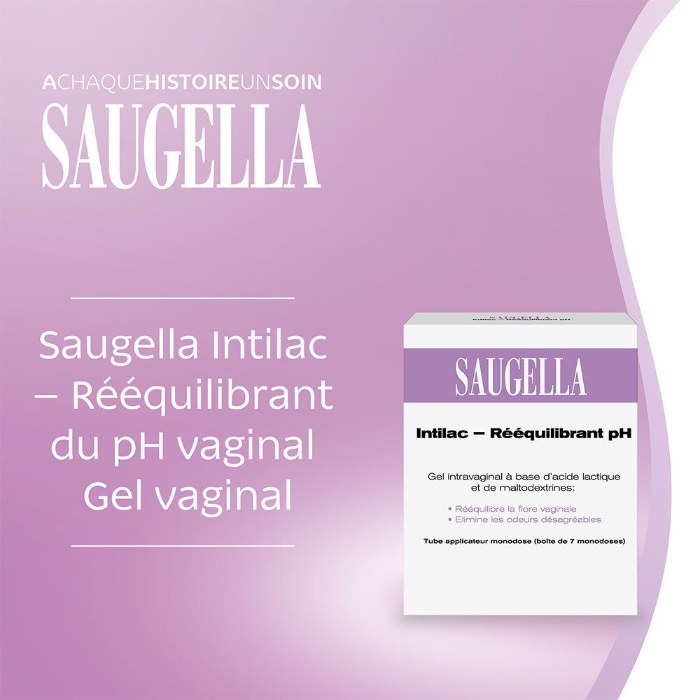 Visuel publicitaire avec emballage du produit. Inscription SAUGELLA, Intilac - Rééquilibrant pH. Texte et description.