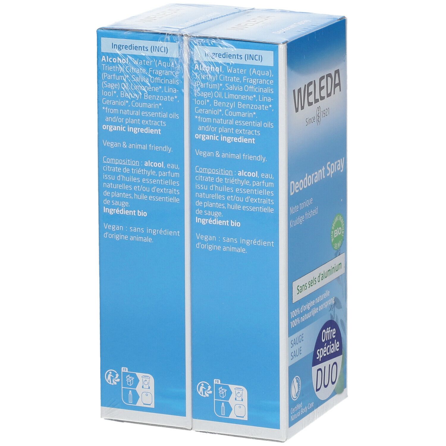 Dos du pack Duo de spray déodorant. Ingrédients, mentions végan et respectueux des animaux. Marque WELEDA.