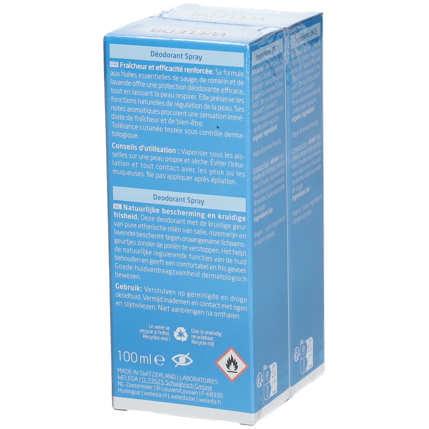 Côté du pack Duo de spray déodorant. Description, conseils d'utilisation. Marque WELEDA. 100ml.