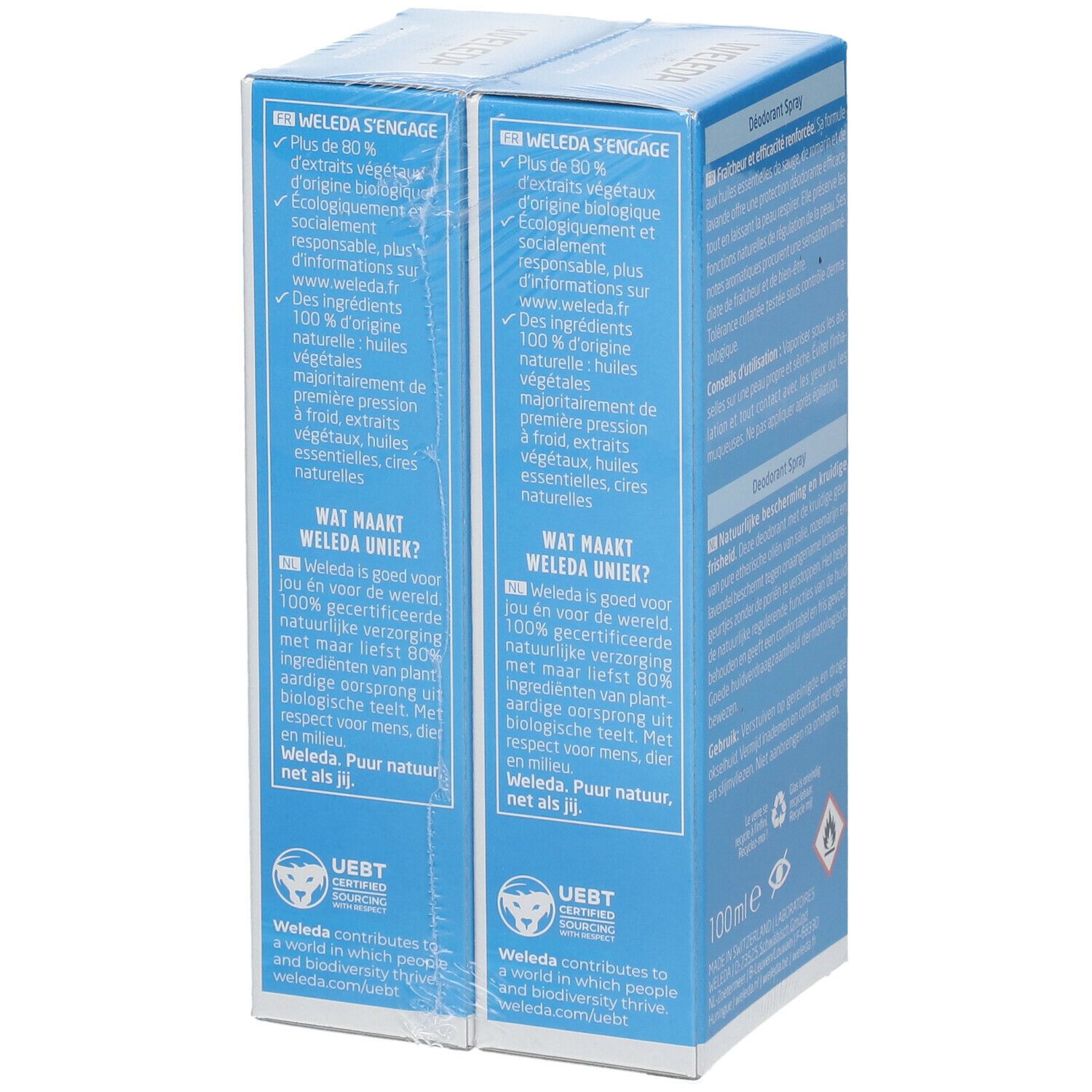 Côté du pack Duo de spray déodorant. Informations sur les ingrédients et la durabilité. Marque WELEDA.