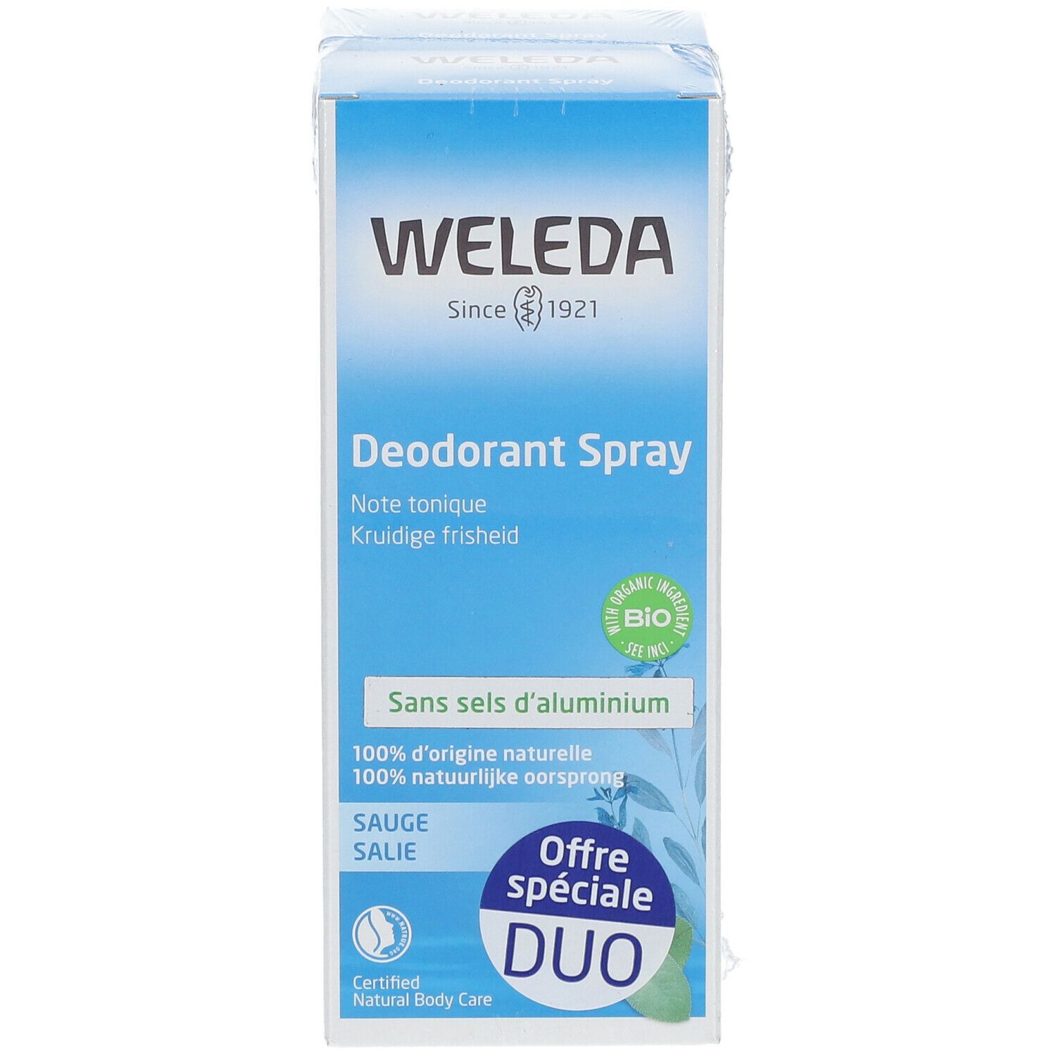 Emballage de spray déodorant unique. Marque WELEDA. Inscription : Sans sels d'aluminium. Certification bio. Offre Duo.