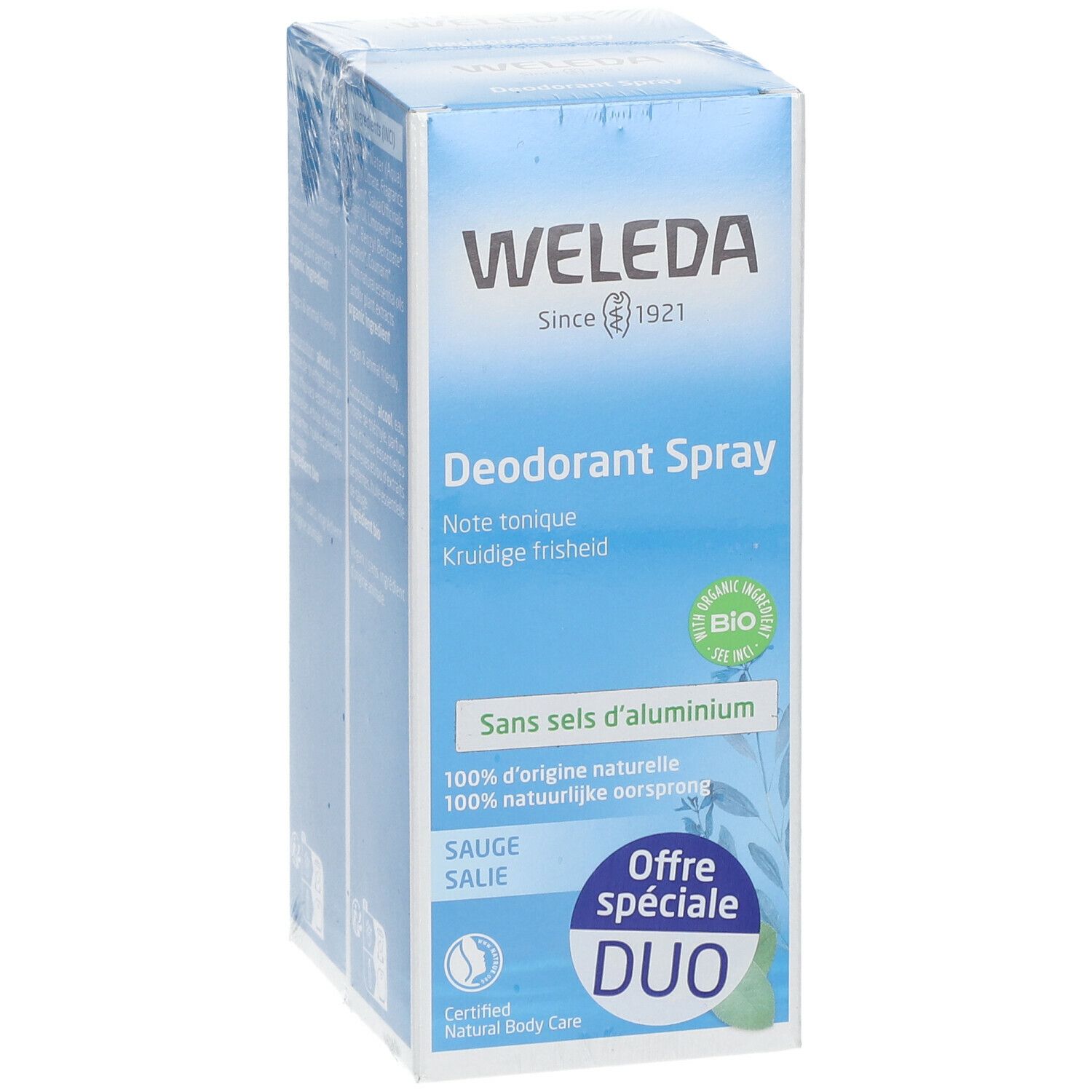 Deux sprays déodorants emballés. Marque WELEDA. Inscription : Sans sels d'aluminium. Certification bio. Offre Duo.