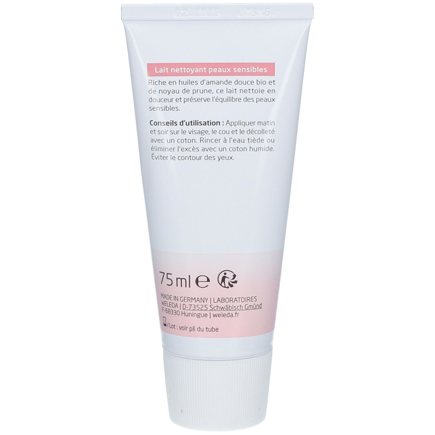 Rückseite der Tube. Text: Inhaltsstoffe, Anwendungshinweise. Logo: Made in Germany. Volumen: 75 ml.