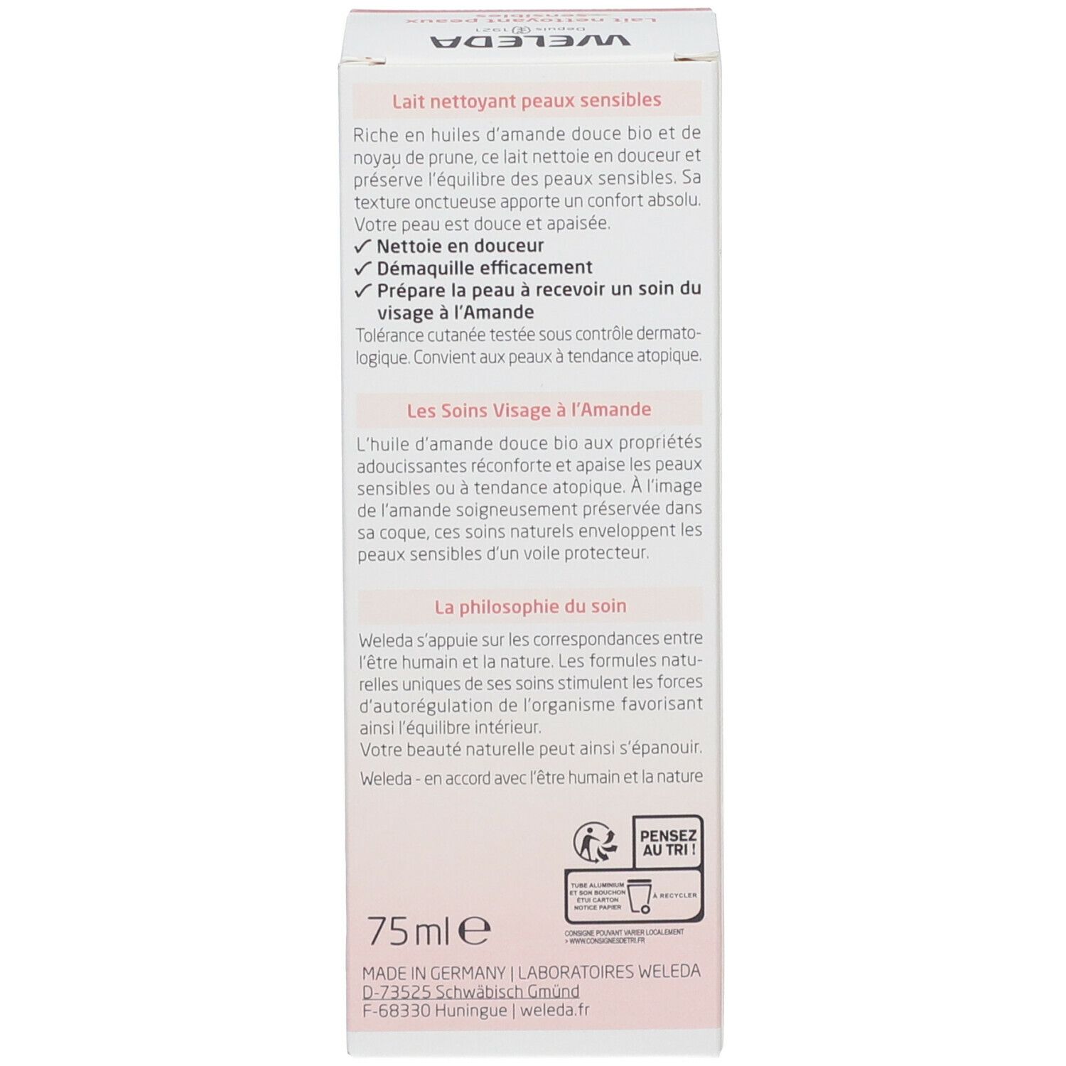 Karton. Text: Produktbeschreibung, Anwendungshinweise. Logo: 75ml e. Made in Germany. Text: Laboratoires WELEDA.