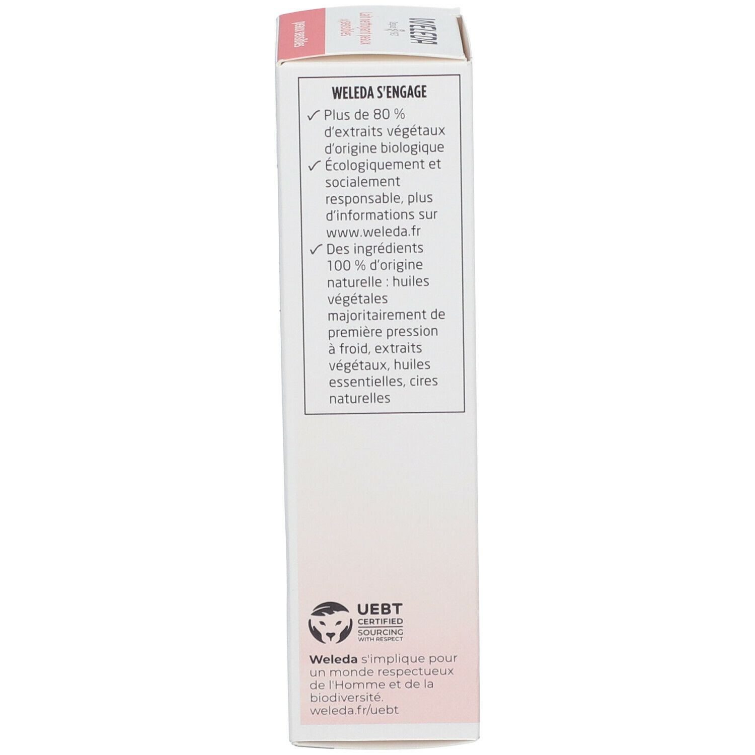 Karton. Text: WELEDA engagiert sich. Text: Plus de 80% d'extraits végétaux d'origine biologique. Logo: UEBT.
