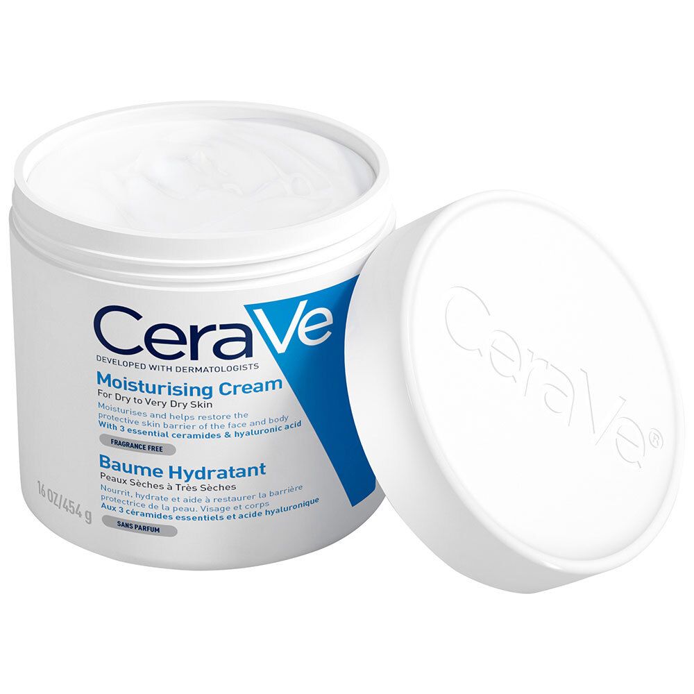 Pot blanc avec couvercle bleu, ouvert. Inscription : CeraVe, Moisturising Cream, 16 oz/454 g.