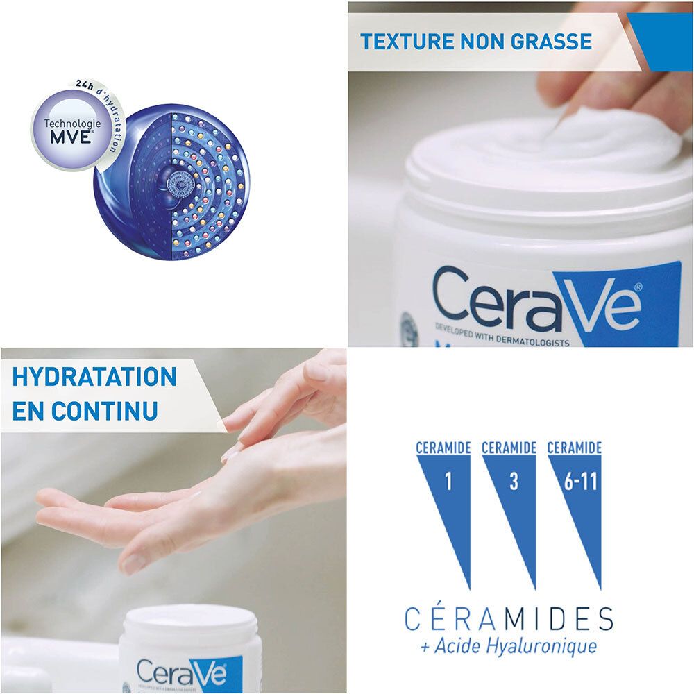 Collage d'images. Produit, mains, texte : Technologie MVE, Hydratation en continu, Céramides.