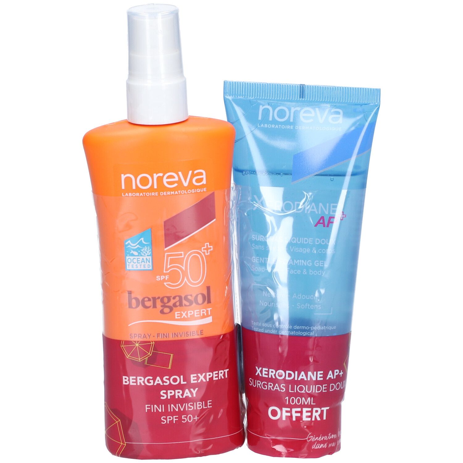Flacon spray orange et tube bleu. Inscriptions: Bergasol Expert SPF50+ et Xerodiane AP+ Surgras Liquide Doux Offert.