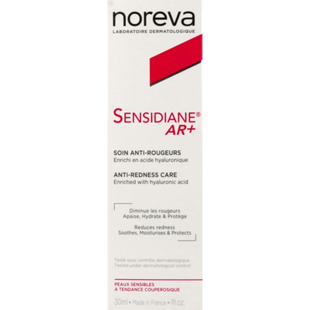 NOREVA Sensidiane AR+ Crème. Tube blanc avec texte rouge et blanc. Texte : Soin anti-rougeurs, enrichi en acide hyaluronique.