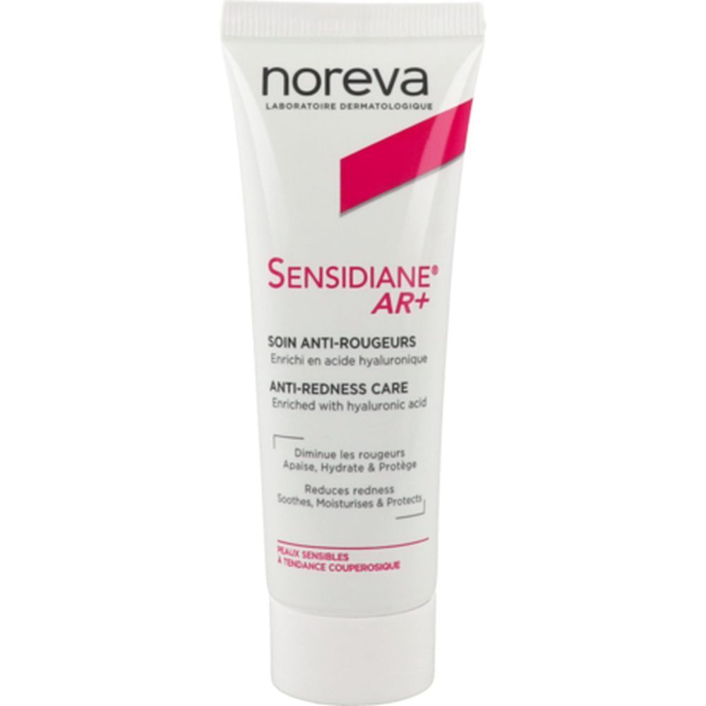 NOREVA Sensidiane AR+ Crème. Tube blanc avec texte rouge et blanc. Texte : Soin anti-rougeurs, enrichi en acide hyaluronique.