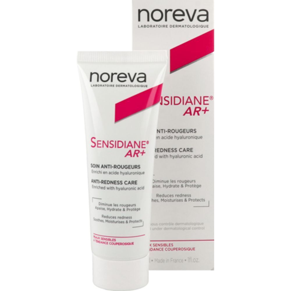 NOREVA Sensidiane AR+ Crème. Tube et boîte. Texte : Soin anti-rougeurs, enrichi en acide hyaluronique. Emballage blanc avec texte rouge.