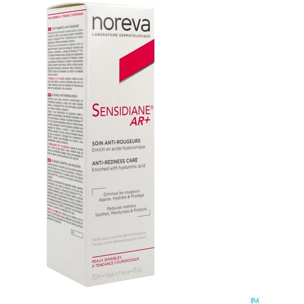 NOREVA Sensidiane AR+ Crème. Boîte avec texte. Texte : Soin anti-rougeurs, enrichi en acide hyaluronique. Emballage blanc avec texte rouge.