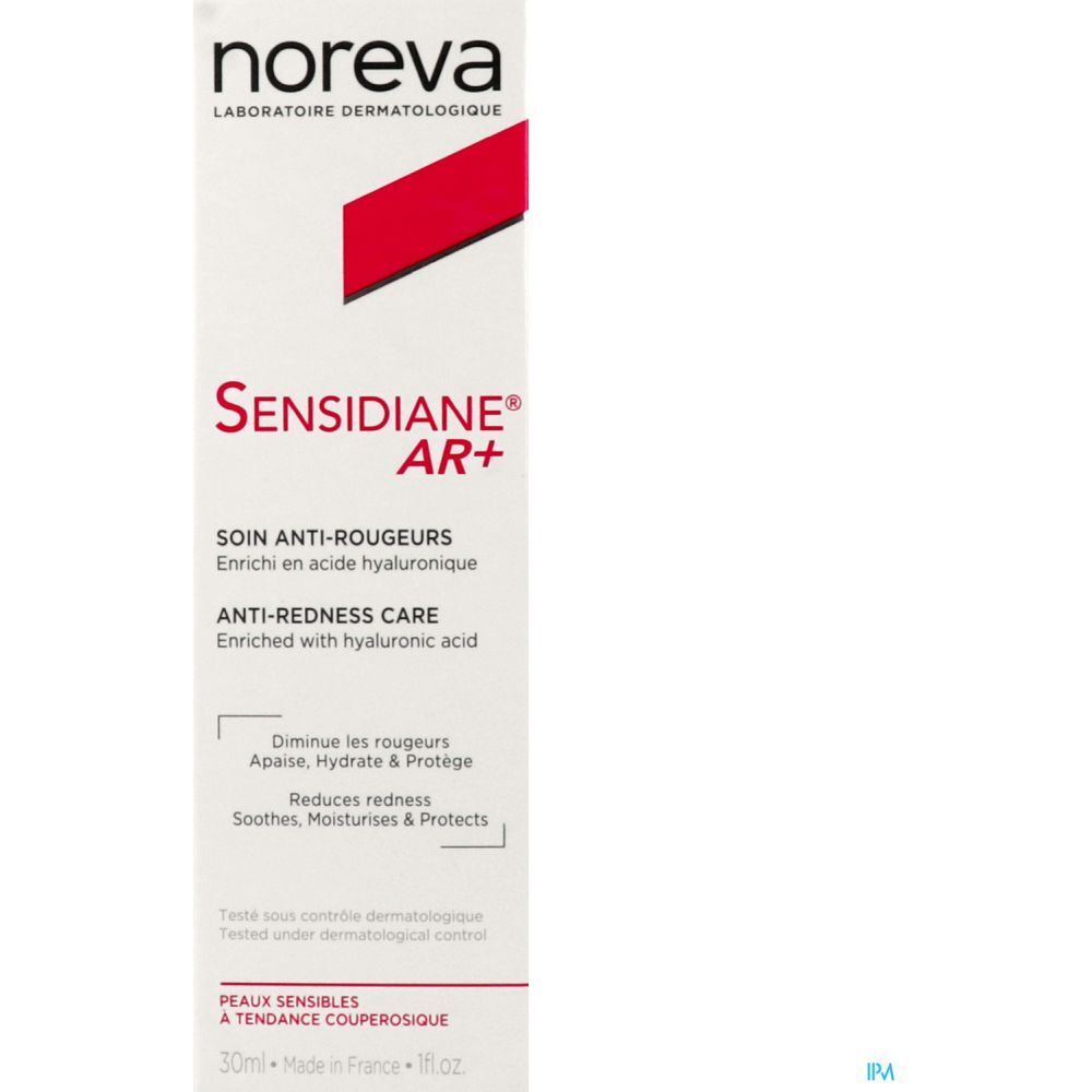 NOREVA Sensidiane AR+ Crème. Tube blanc avec texte rouge et blanc. Texte : Soin anti-rougeurs, enrichi en acide hyaluronique.