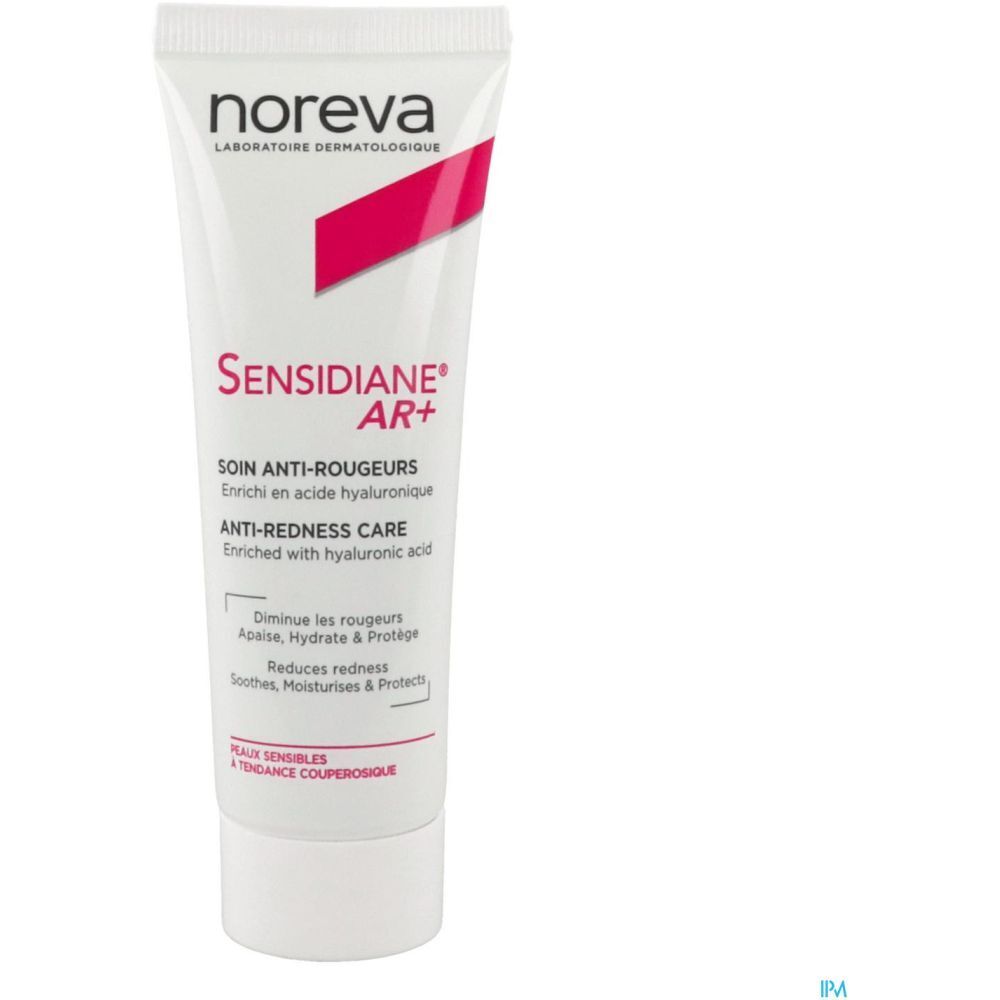 NOREVA Sensidiane AR+ Crème. Tube blanc avec texte rouge et blanc. Texte : Soin anti-rougeurs, enrichi en acide hyaluronique.