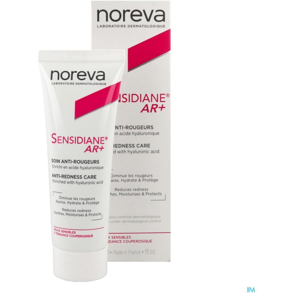 NOREVA Sensidiane AR+ Crème. Tube et boîte. Texte : Soin anti-rougeurs, enrichi en acide hyaluronique. Emballage blanc avec texte rouge.