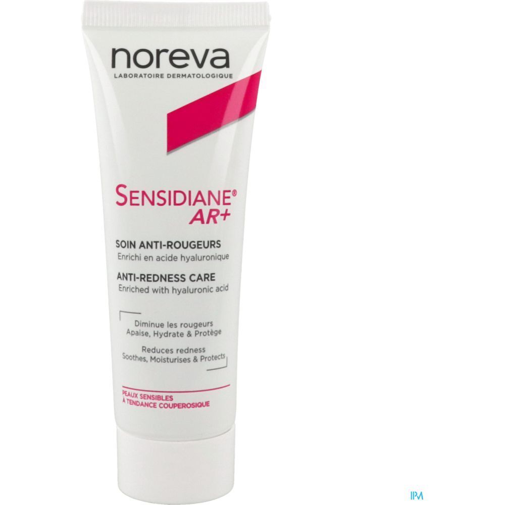 NOREVA Sensidiane AR+ Crème. Tube blanc avec texte rouge et blanc. Texte : Soin anti-rougeurs, enrichi en acide hyaluronique.