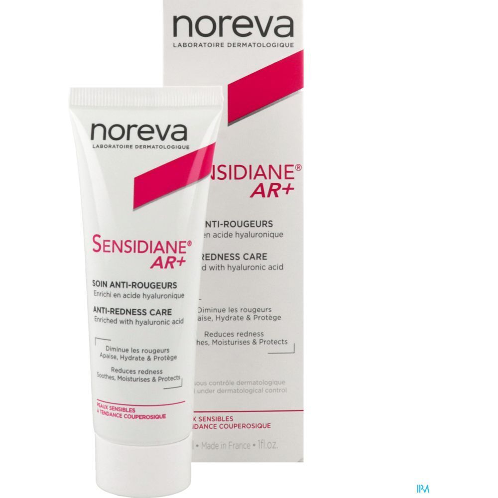 NOREVA Sensidiane AR+ Crème. Tube et boîte. Texte : Soin anti-rougeurs, enrichi en acide hyaluronique. Emballage blanc avec texte rouge.