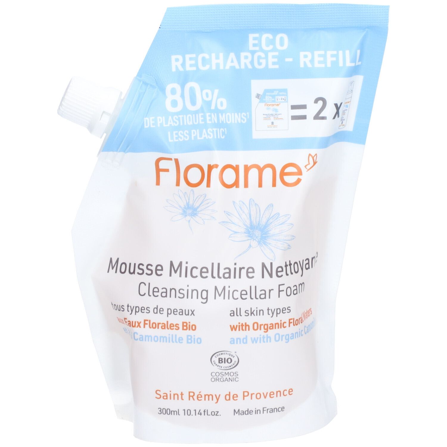 Navulverpakking Florame Micellaire Reinigingsschuim. Wit-blauw, met productinfo en logo. Bevat 80% minder plastic.