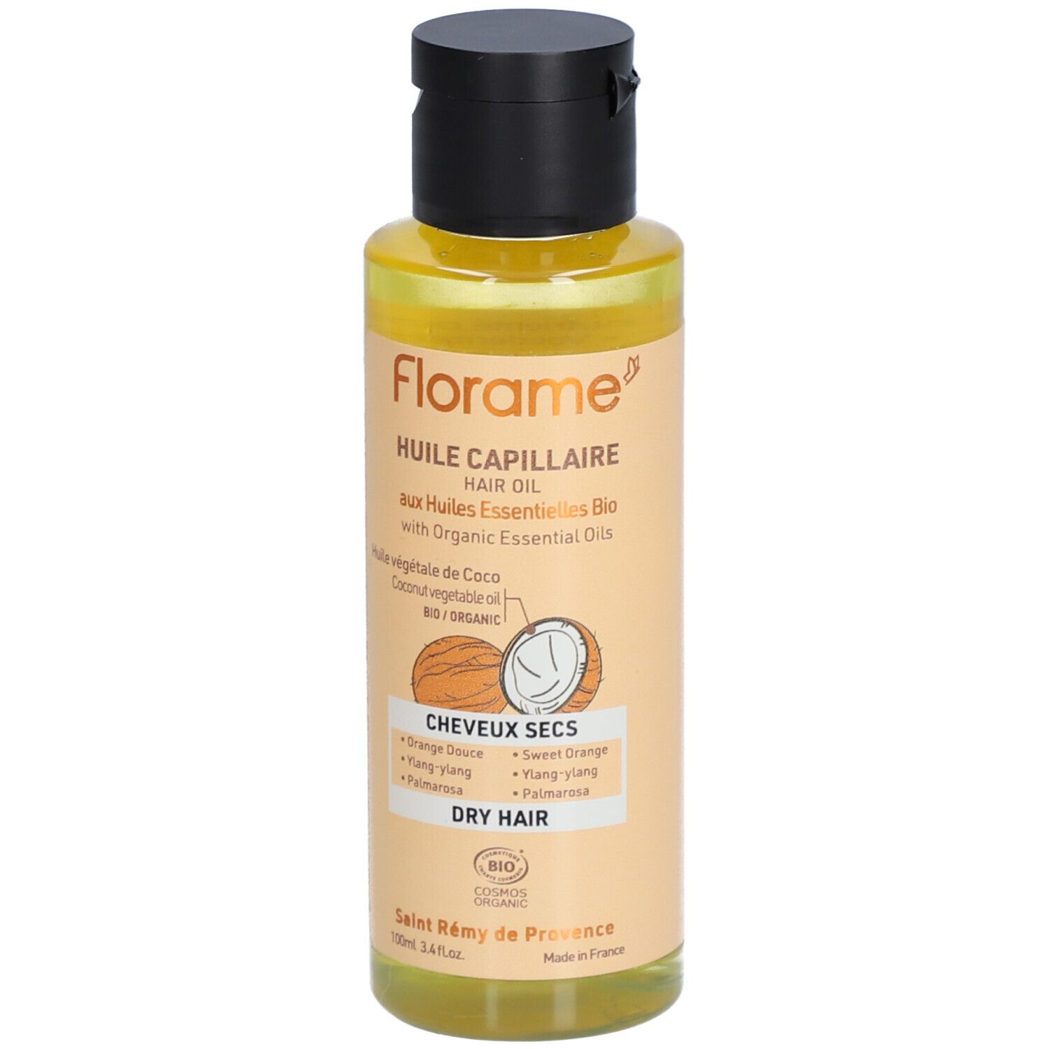 Haaröl-Flasche mit schwarzem Deckel. Aufschrift: Florame, Huile Capillaire, aux Huiles Essentielles Bio, Cheveux Secs, Dry Hair.
