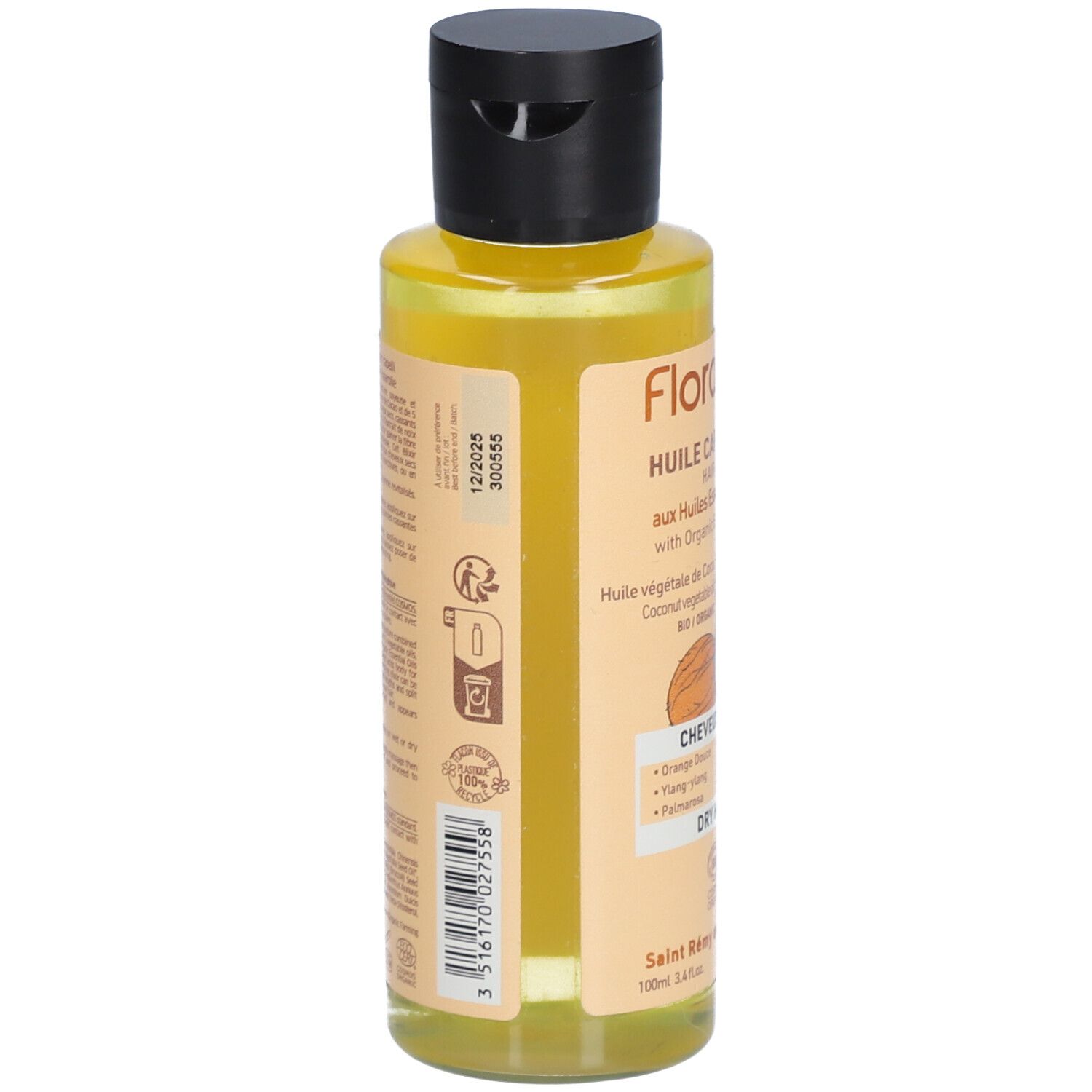 Rückseite der Haaröl-Flasche. Text und Symbole. Aufschrift: Florame, Huile Capillaire, aux Huiles Essentielles Bio, Cheveux Secs, Dry Hair.