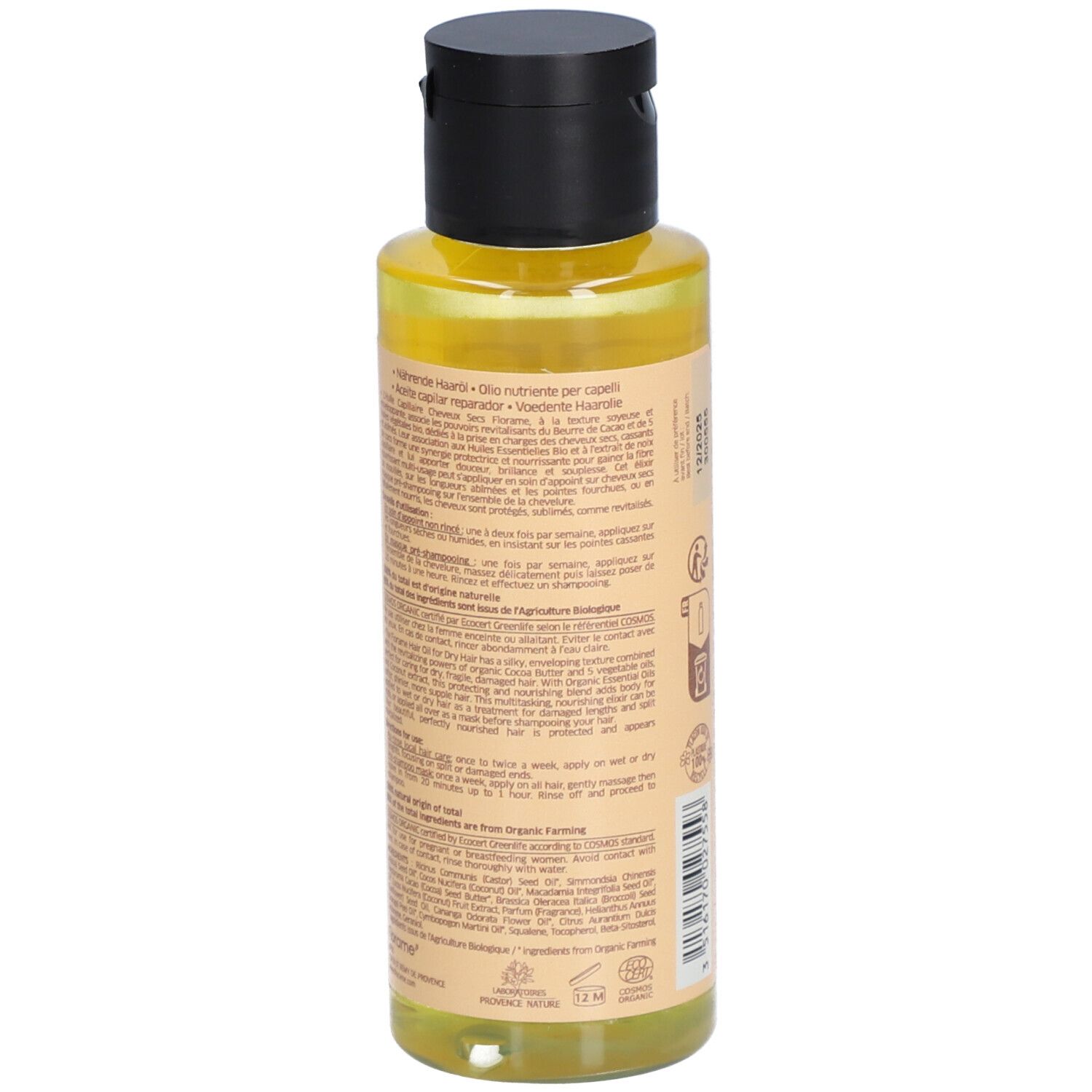 Rückseite der Haaröl-Flasche. Text. Aufschrift: Florame, Huile Capillaire, aux Huiles Essentielles Bio, Cheveux Secs, Dry Hair.