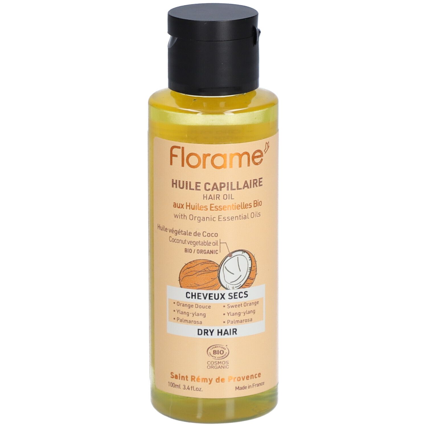 Haaröl-Flasche mit schwarzem Deckel. Aufschrift: Florame, Huile Capillaire, aux Huiles Essentielles Bio, Cheveux Secs, Dry Hair.