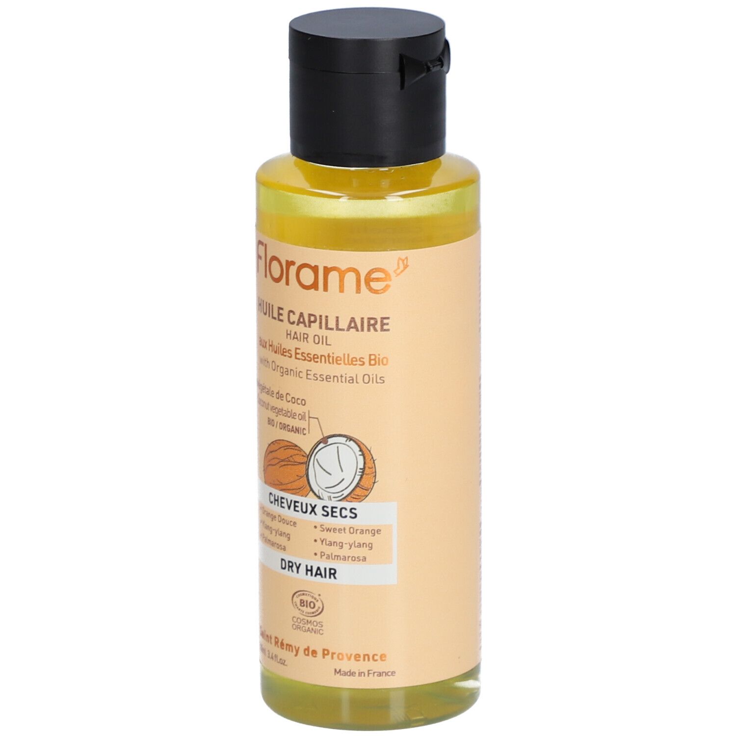 Haaröl-Flasche mit schwarzem Deckel. Aufschrift: Florame, Huile Capillaire, aux Huiles Essentielles Bio, Cheveux Secs, Dry Hair.